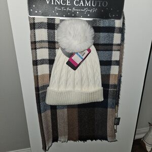 Vince Camuto White Beanie and Plaid Scarf Set